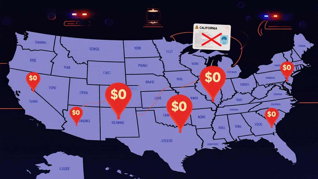 Карта США с отметками штрафов за нарушения ПДД и заблокированным водительским удостоверением.