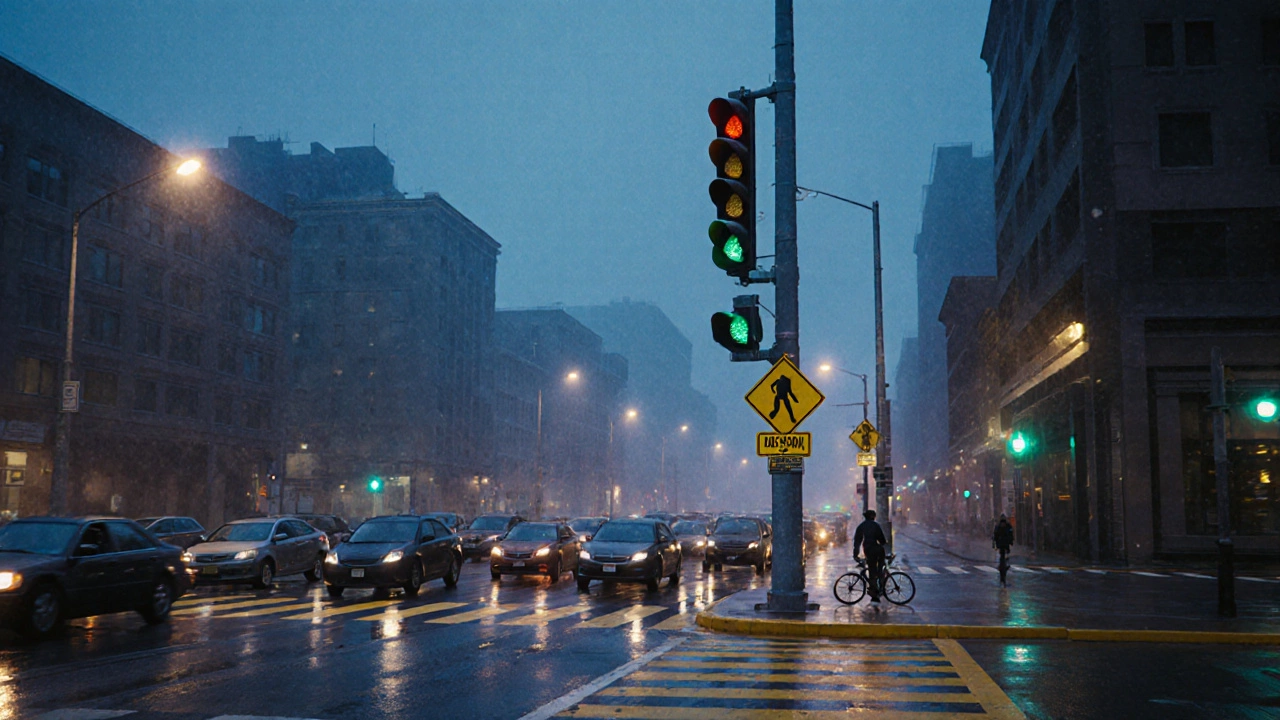 Перекрёсток с работающими светофорами, автомобилями и пешеходом, соблюдающим правила.