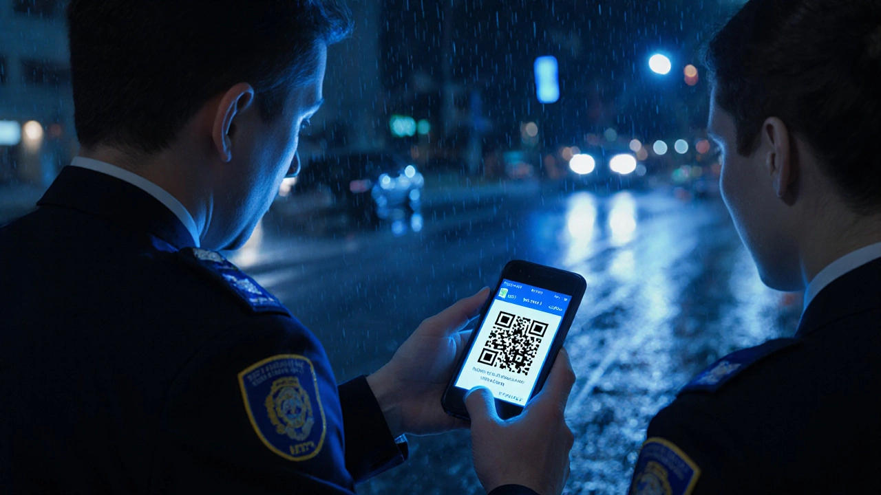 Полицейский сканирует QR-код электронных прав водителя ночью на мокрой улице.