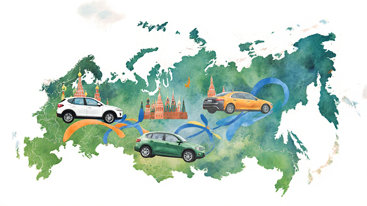 Разные модели автомобилей на фоне известных российских достопримечательностей, символизирующие региональные цены.