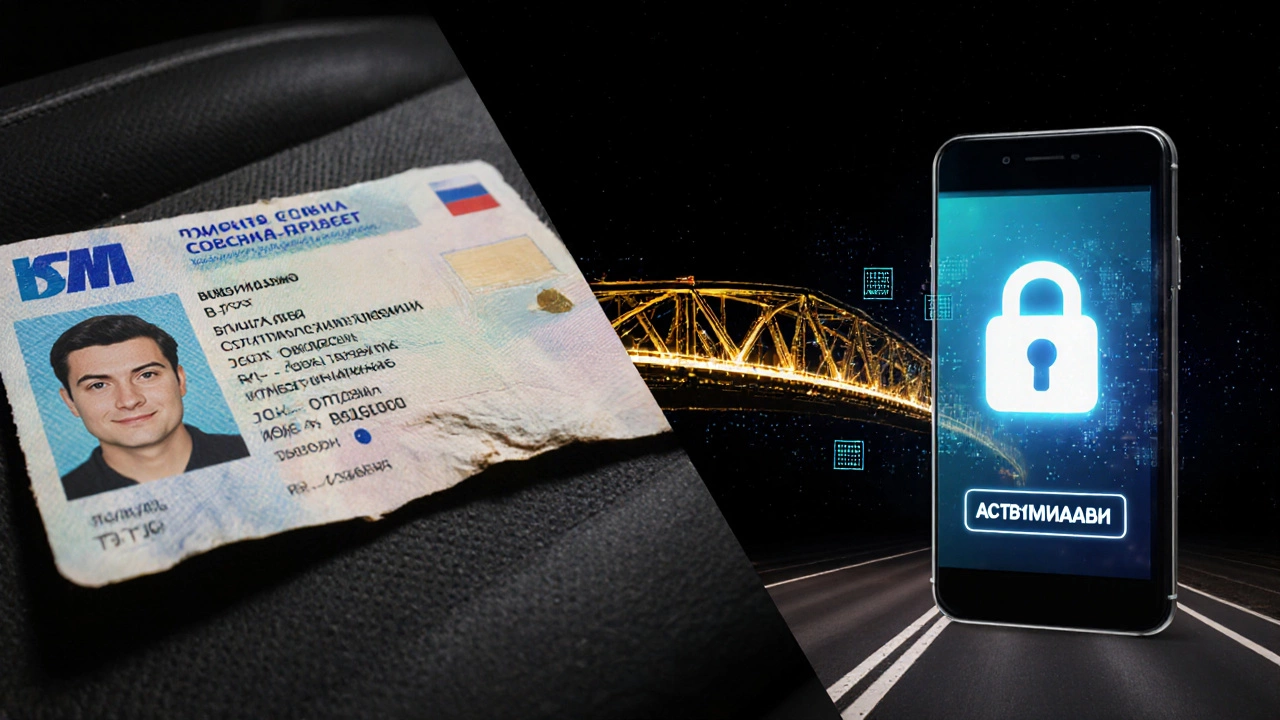 Сравнение бумажных и электронных прав: старый документ и цифровая копия, соединённые потоком данных.