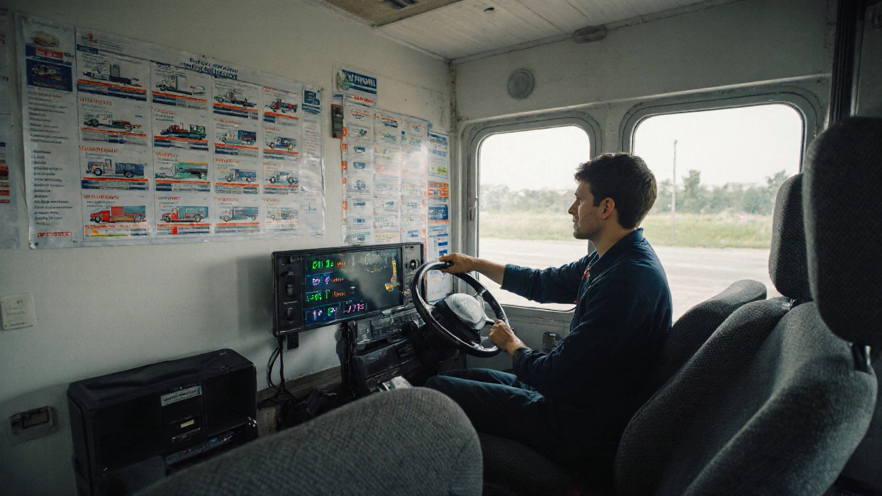 Студент тренируется с прицепом в автошколе, инструктор показывает на вес.