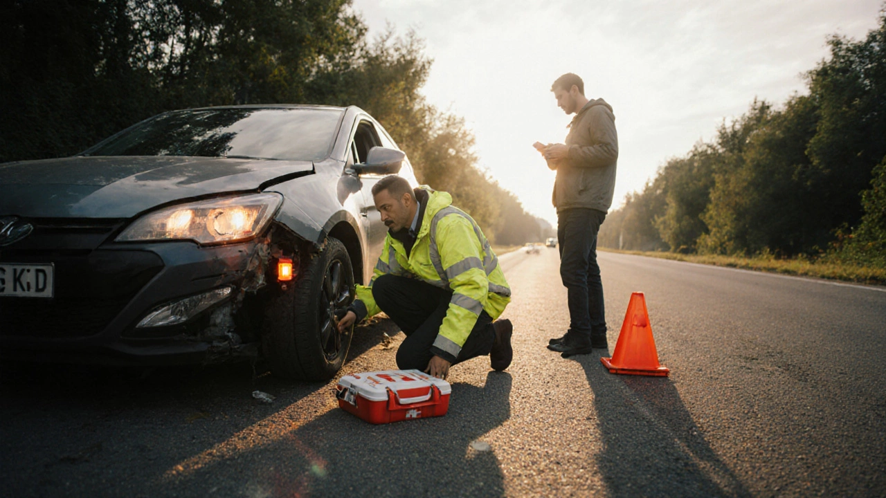 Водитель после ДТП ставит сигнал тревоги, проверяет машину и оказывает первую помощь.