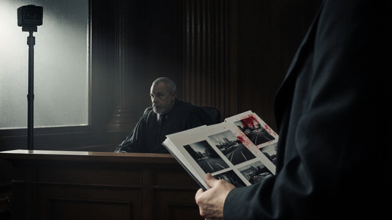 Водитель предъявляет доказательства в суде, где судья в свете софита слушает дело.