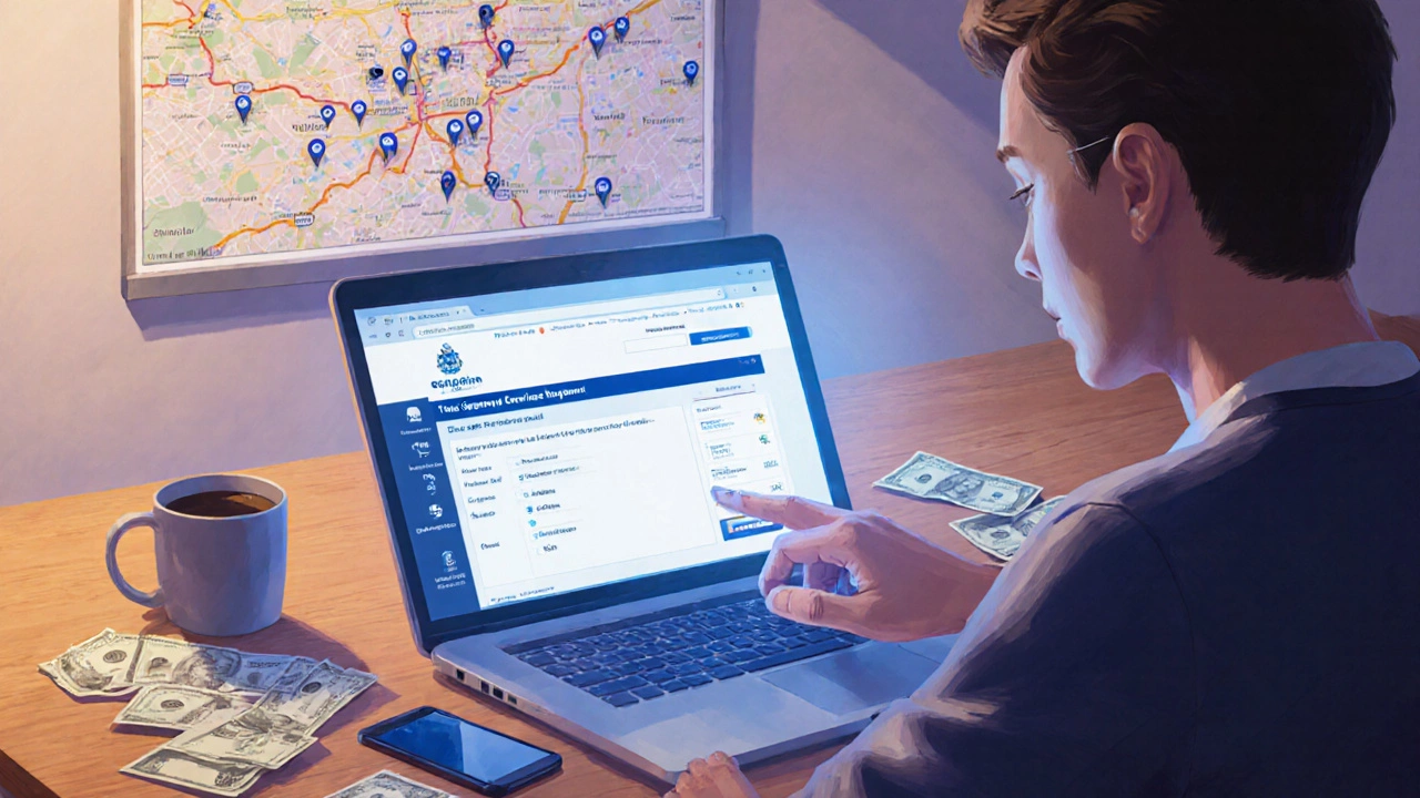 Водитель просматривает онлайн‑уведомление о штрафе за столом с документами и чашкой кофе.