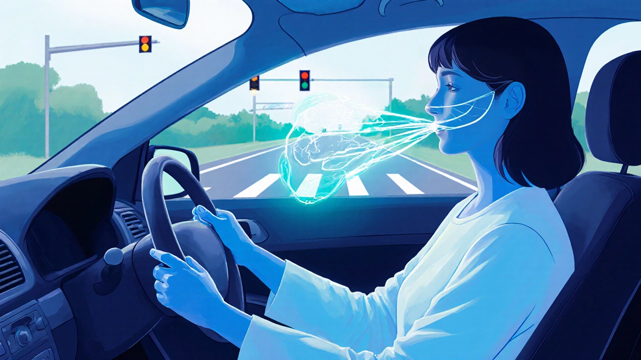 Человек делает глубокое дыхание за рулём, вдох и выдох визуализированы мягкими линиями, спокойная атмосфера.