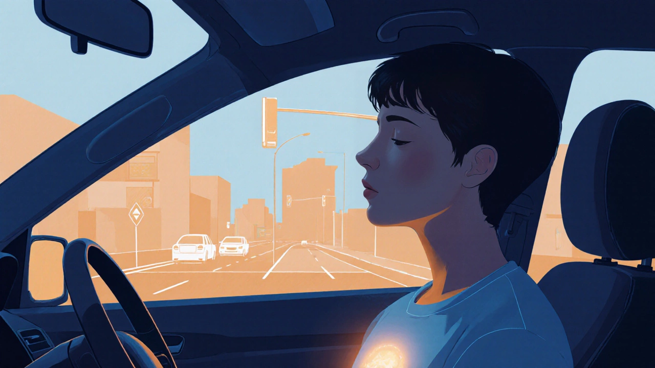 Человек в машине закрывает глаза и делает глубокий вдох, мягкий свет и спокойные тона вокруг.