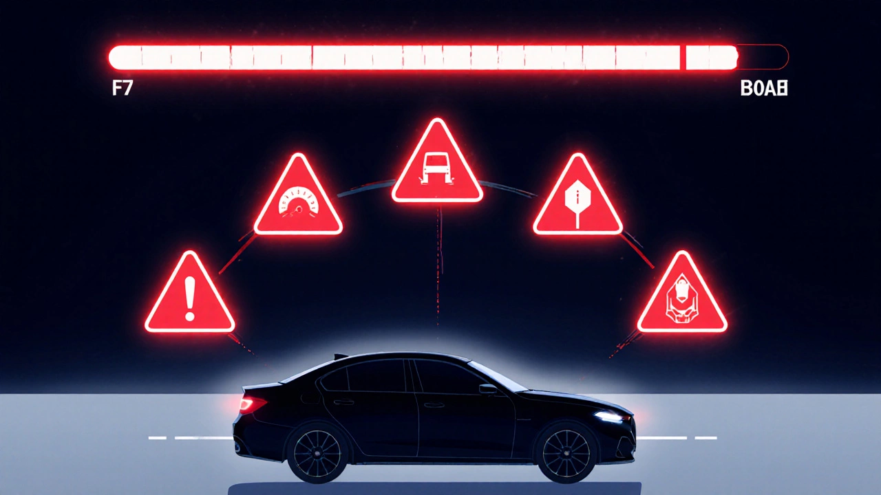 Цифровая панель с пятью красными ошибками вождения и порогом в 5 баллов, обозначающим провал экзамена.