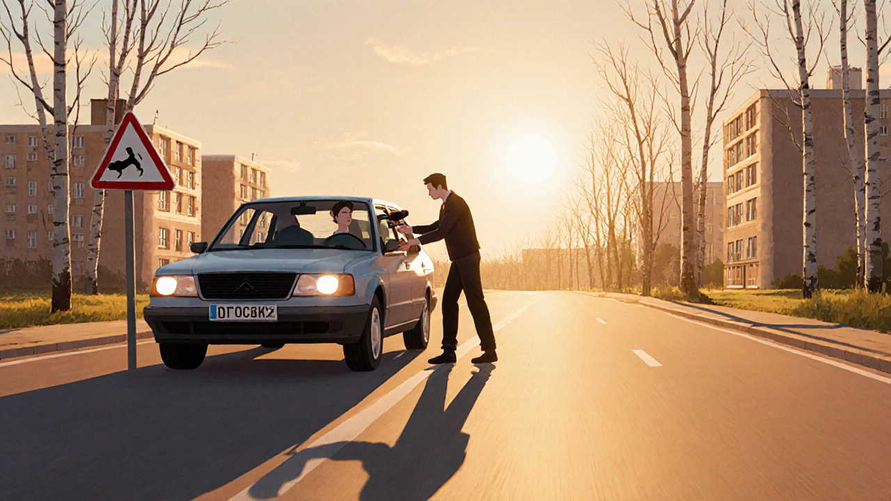 Инструктор в Воронеже учит студента вождению на тихой улице в полдень.