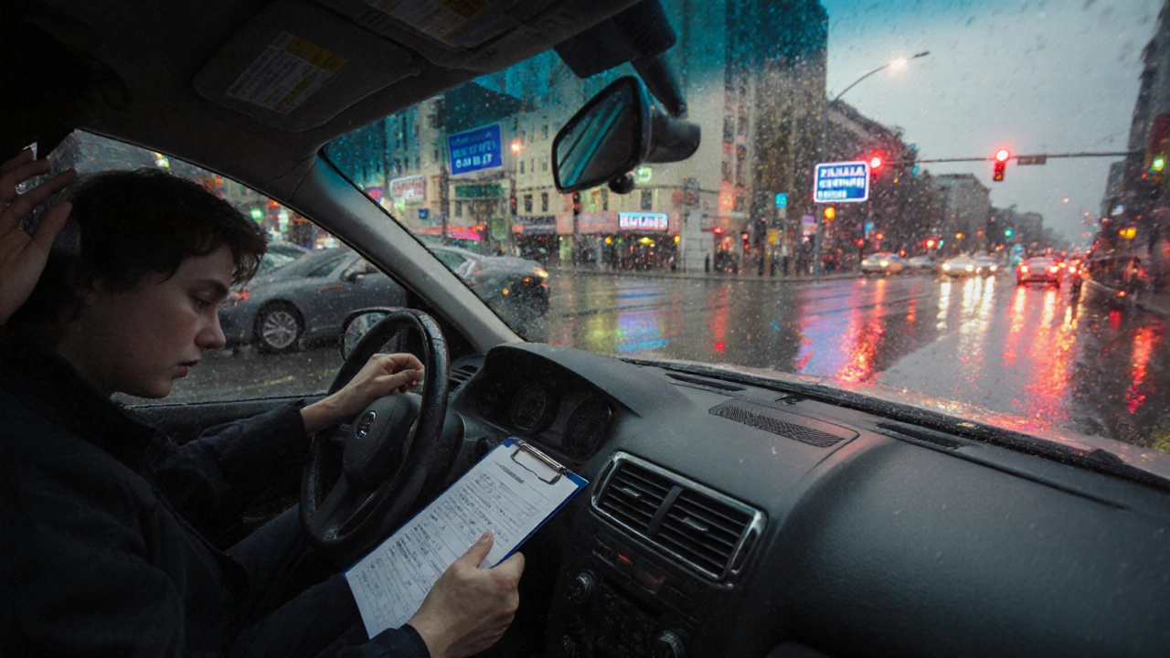 Кандидат сдает экзамен по городу за рулем легкового автомобиля.