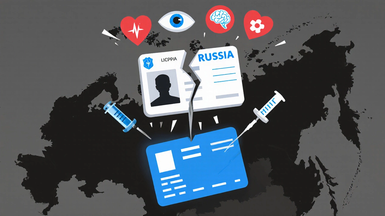 Разбитые права и новые, соединённые медицинскими символами над картой России