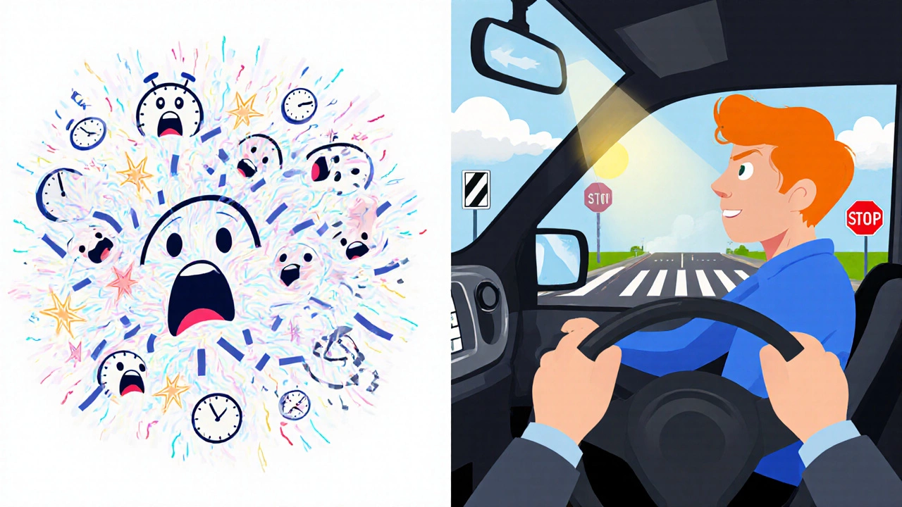 Разделённая сцена: хаос мыслей слева, спокойное вождение справа, солнечный луч пробивается сквозь тучи.