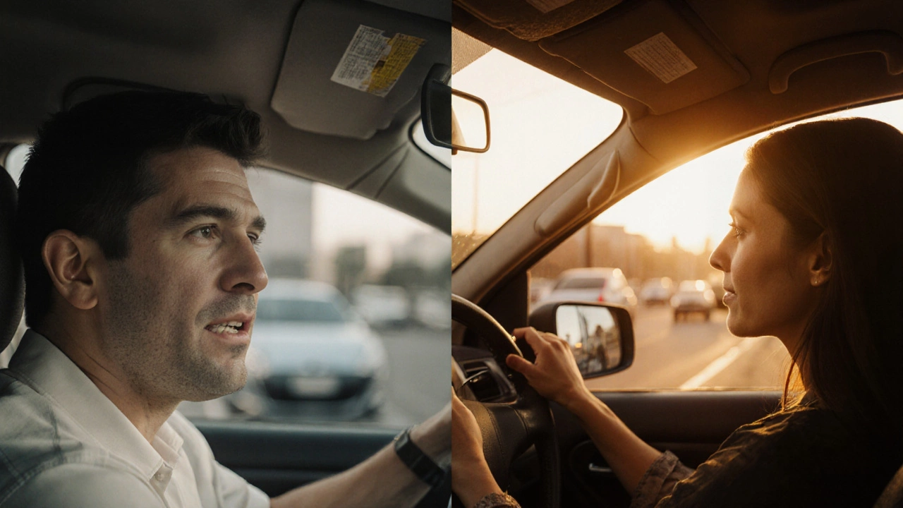 Разделённое изображение: напряжённый водитель слева, спокойный — справа, отражение в зеркале показывает перемену.