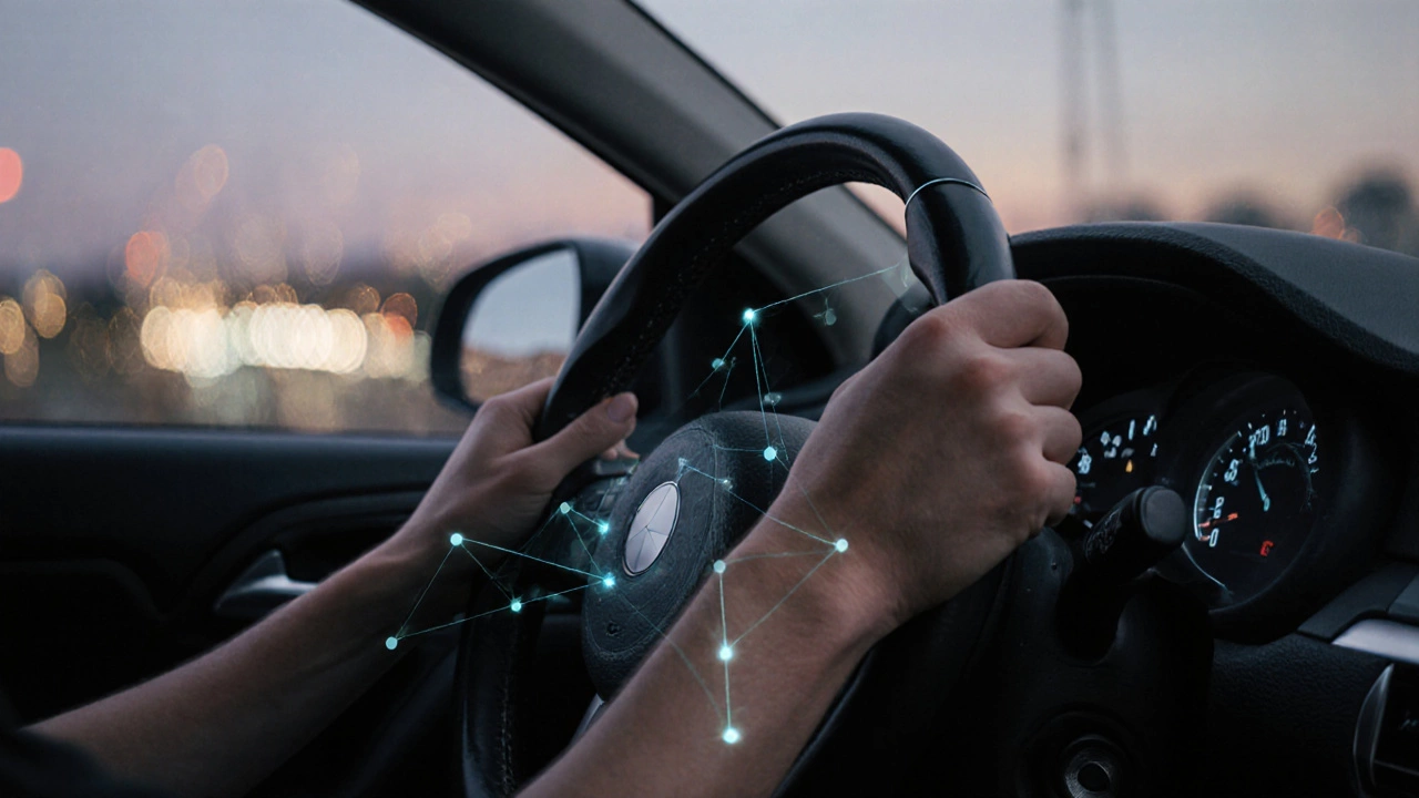 Рука на руле в позиции 9 и 3, с лёгкими световыми линиями, соединяющими водителя с машиной.