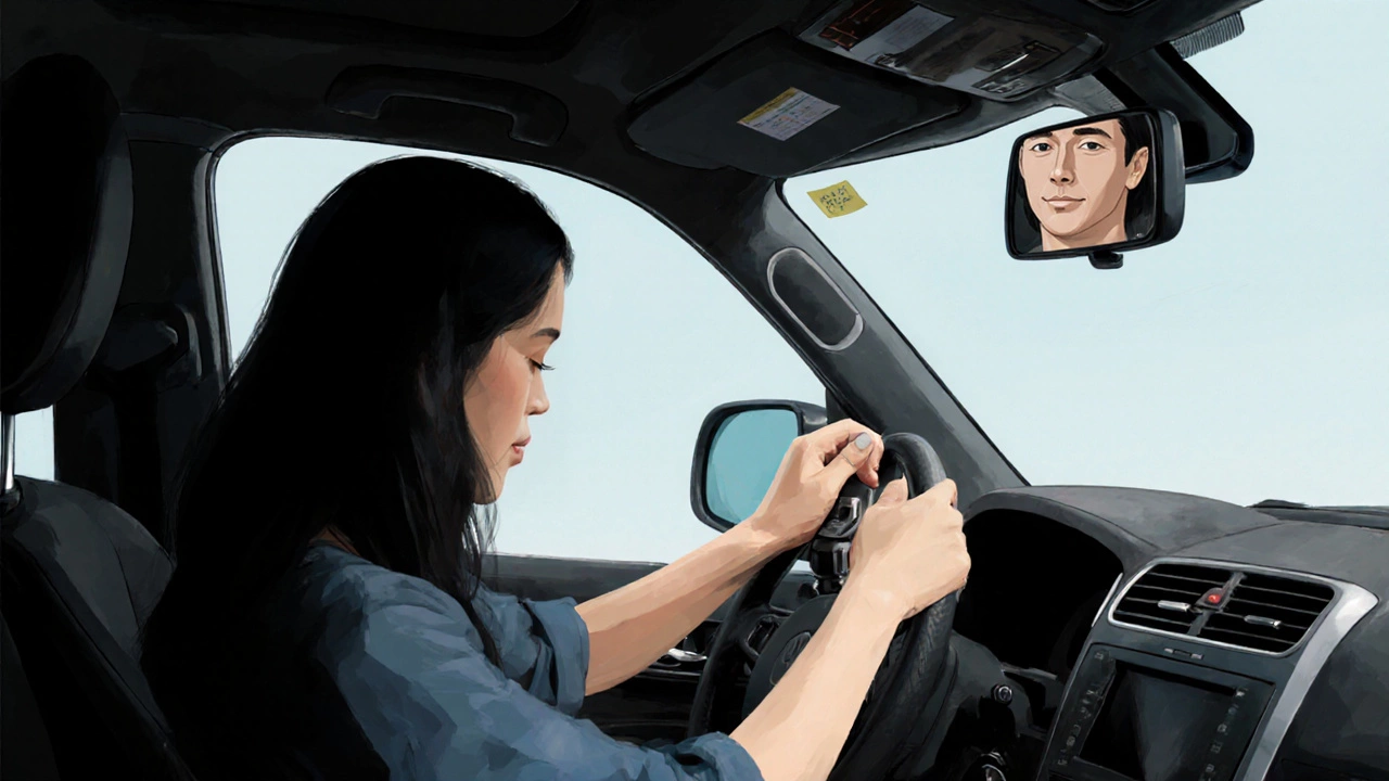 Руки водителя переключают передачи, отражение в зеркале показывает спокойное лицо