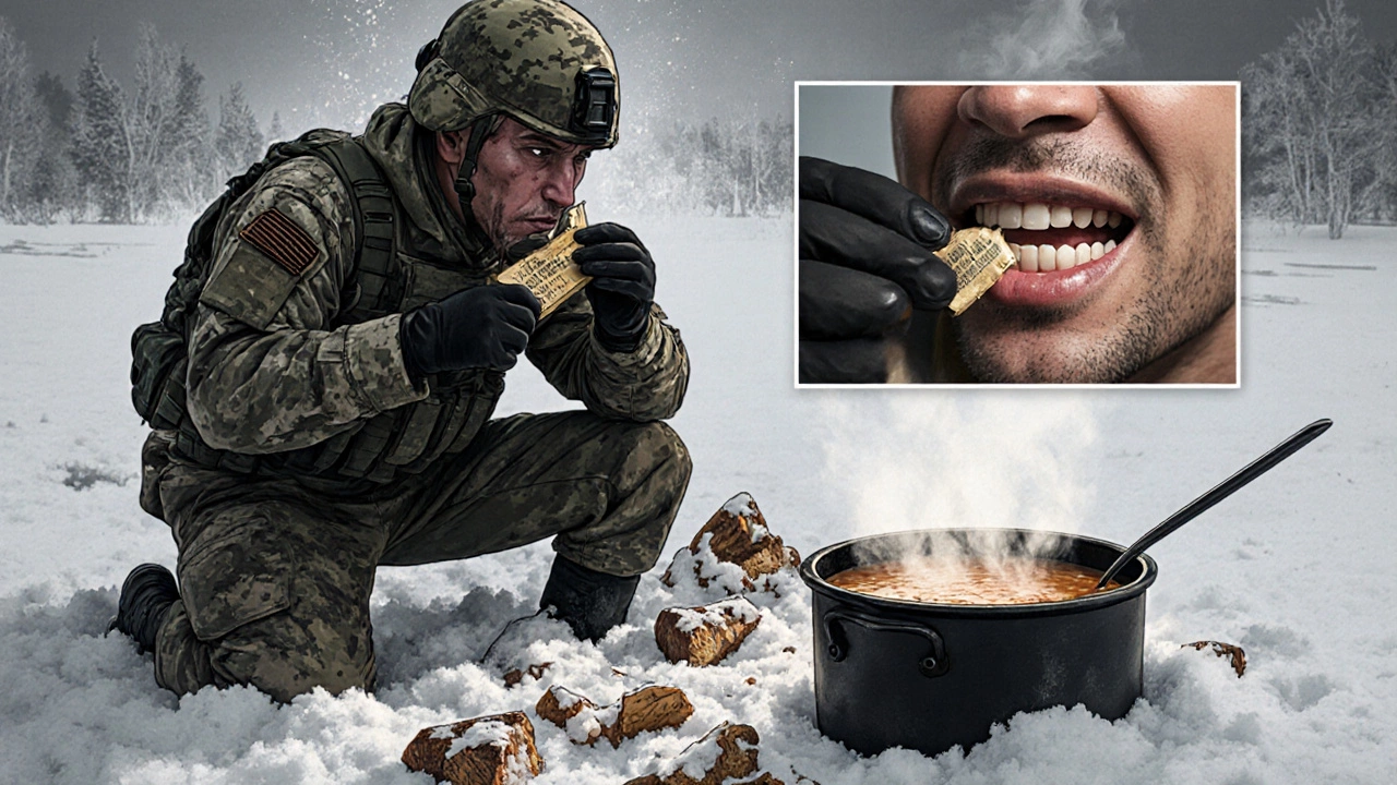Солдат в полевых условиях не может пережевывать пищу из-за потери зубов.