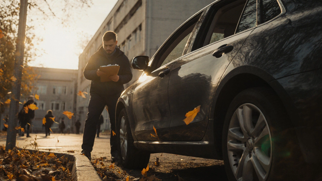Студент осторожно поворачивает у школы в Воронеже, колесо почти касается бордюра, инструктор наблюдает.