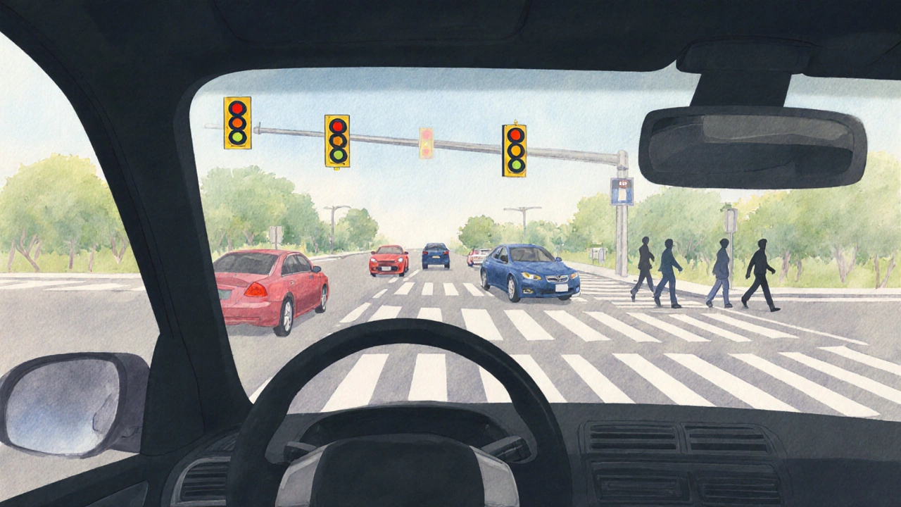 Вид через лобовое стекло: три правила дорожного движения, изображённые в виде визуальных подсказок без текста.