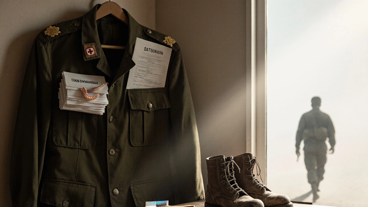 Военная форма с съемным протезом и документами о ограничении годности к службе.