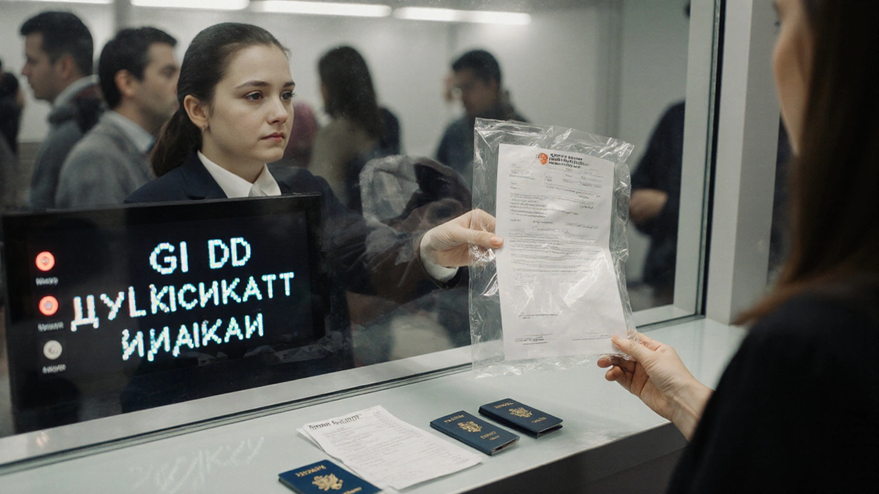 Женщина передаёт медицинскую справку сотруднику ГИБДД