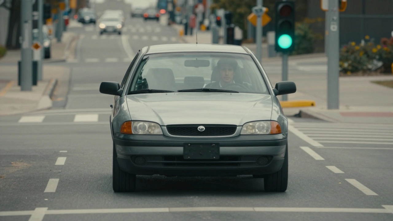 Автомобиль движется на зелёный свет светофора, пешеходы не переходят, водитель сосредоточен.