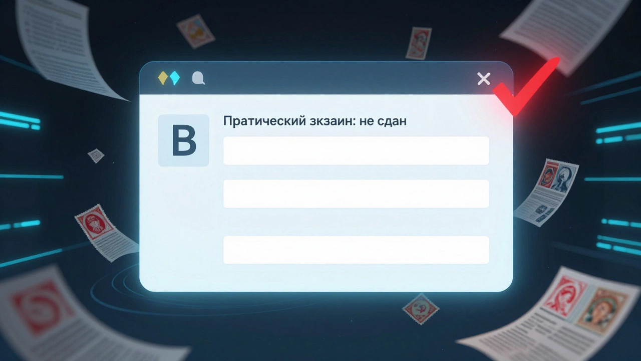 Цифровая база данных с пустой записью о сдаче экзамена по вождению и разбросанными документами.