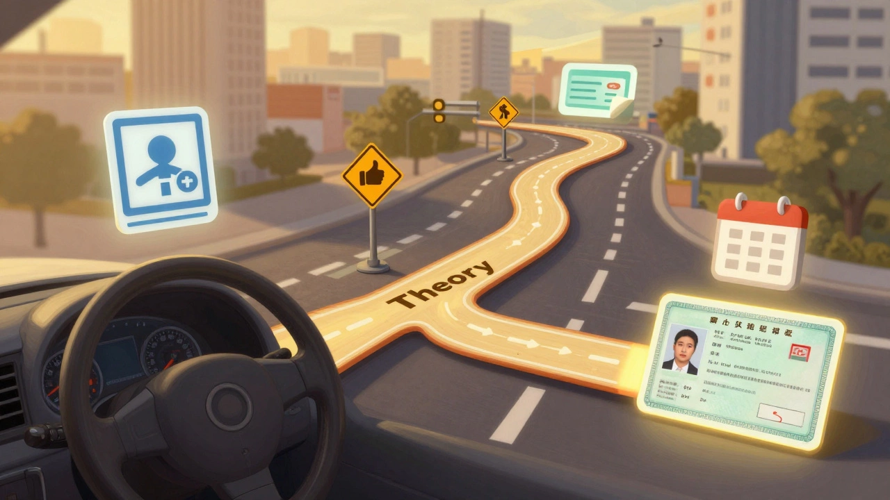 Дорожная карта от теории к правам вождения, сопровождаемая символами медицинского осмотра и оплаты.