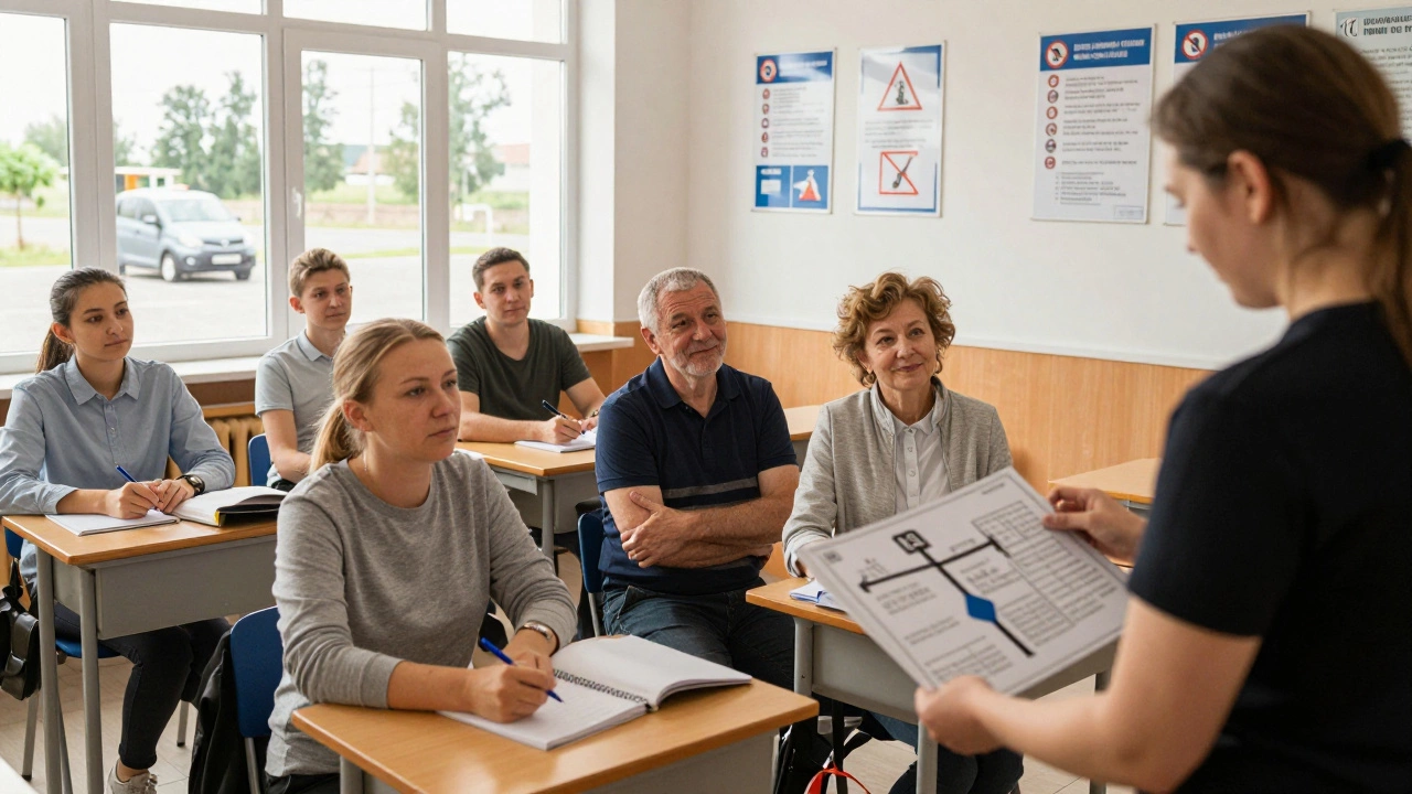 Группа пожилых учеников в автошколе внимательно слушают инструктора.