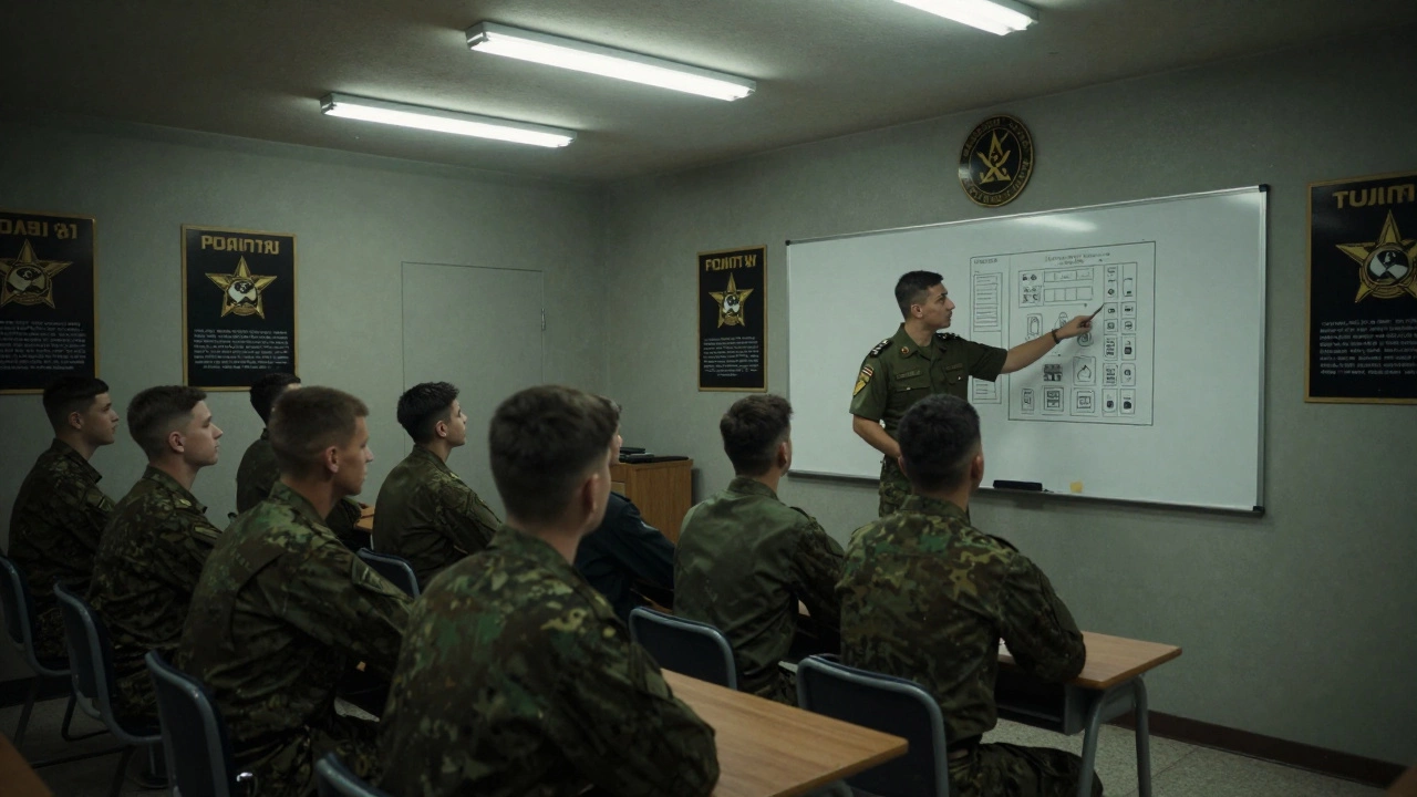 Группа солдат учится в классе военной части, инструктор объясняет устройство автомобиля.