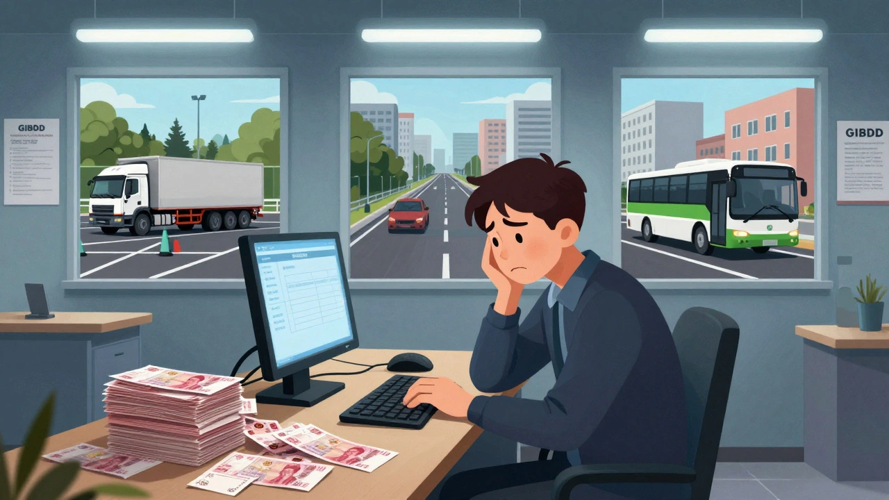 Кандидат на экзамене в ГИБДД смотрит на три зоны испытаний и накопившиеся квитанции об оплате за пересдачи.