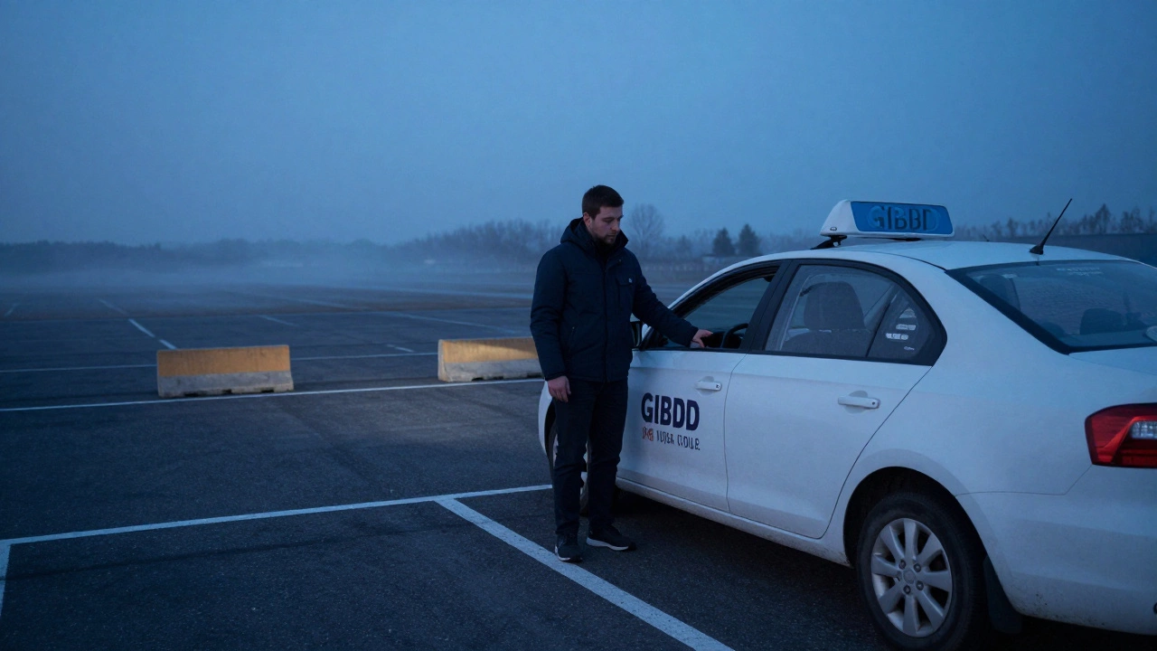 Кандидат сдает практический экзамен на автодроме ГИБДД, выполняет параллельную парковку на рассвете.