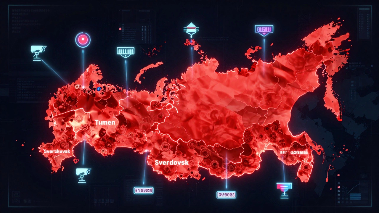 Карта России с красными зонами высоких штрафов и символами дорожных нарушений.