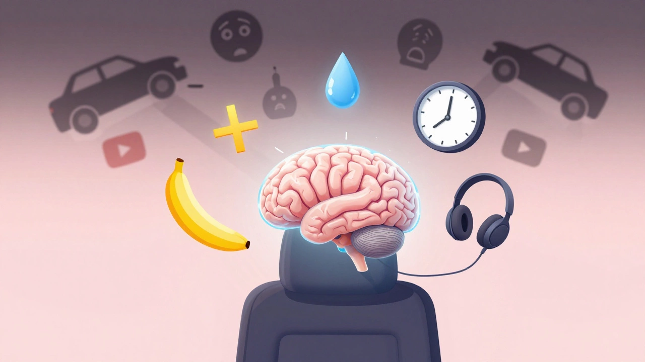 Мозг водителя в спокойном состоянии, вокруг — символы готовности, а провалы исчезают в тени.