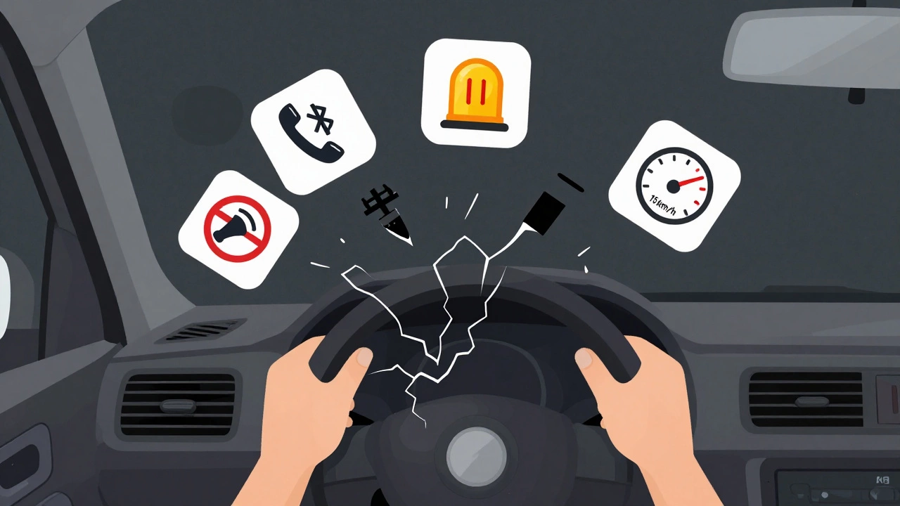 Разбитые символы запретов вокруг руля: телефон, аварийка, отсутствие ремня, поворотник выключен.