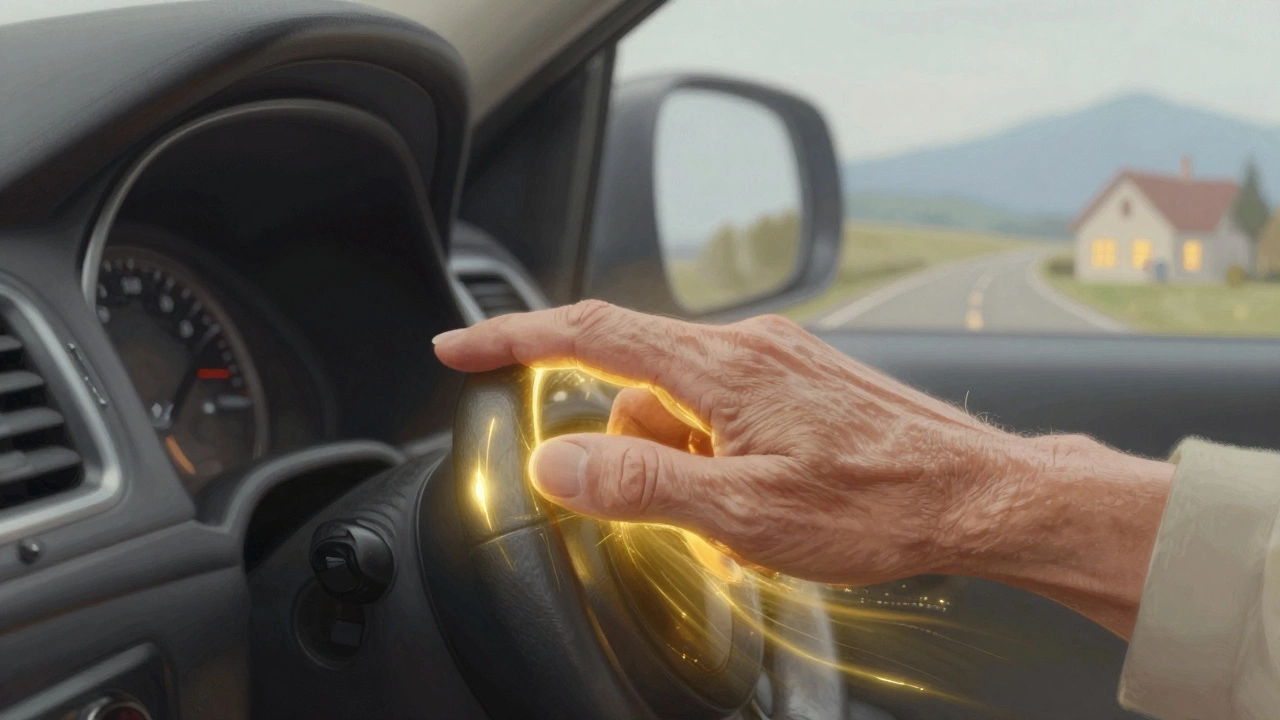 Рука пожилого человека нажимает на педаль, вокруг — свет и дорога, символизирующие свободу.