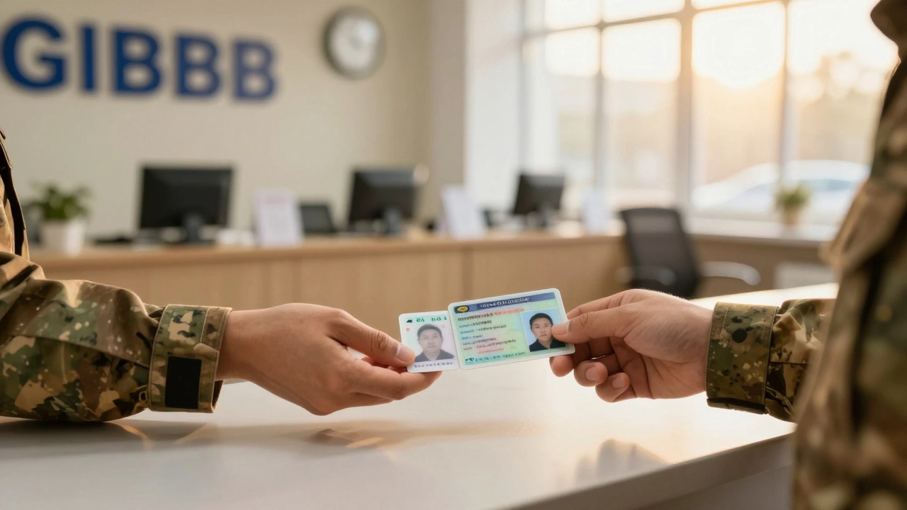 Солдат обменивает военные права на гражданские в офисе ГИБДД.