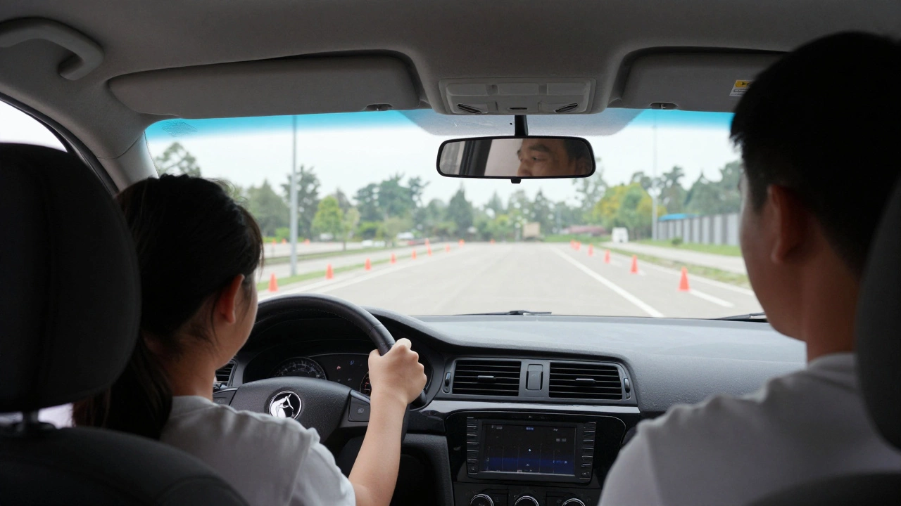 Студент тренирует параллельную парковку на учебной площадке под наблюдением инструктора.