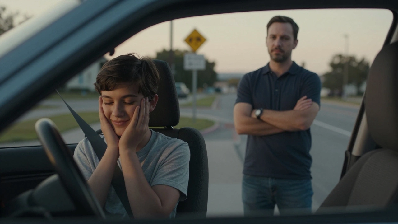 Ученик улыбается инструктору перед экзаменом, оба молчат, атмосфера спокойствия.