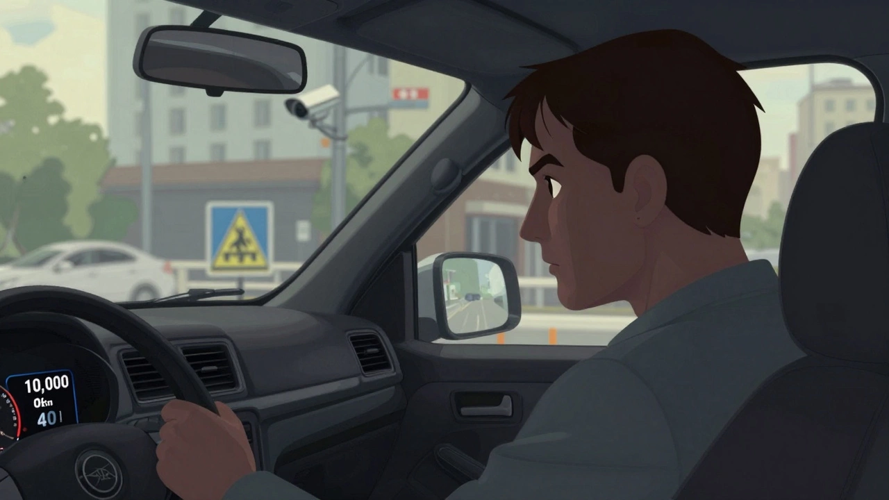 Водитель в машине смотрит на экран с штрафом в 10 000 рублей за превышение скорости в зоне 40 км/ч.