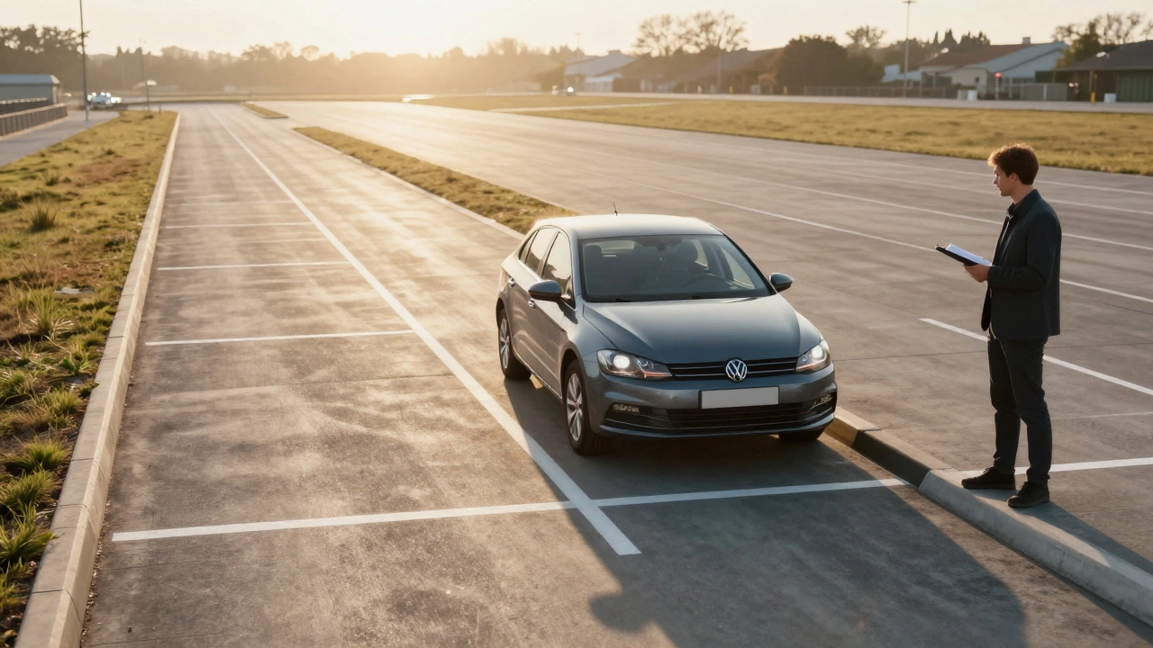 Автомобиль идеально паркуется вдоль бордюра на площадке без датчиков, инспектор молча наблюдает.