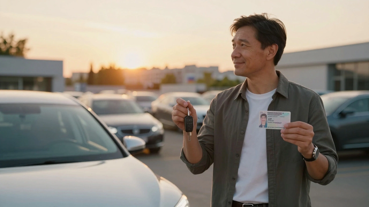 Человек держит водительские права и ключи от машины, стоит перед автомобилем на закате.