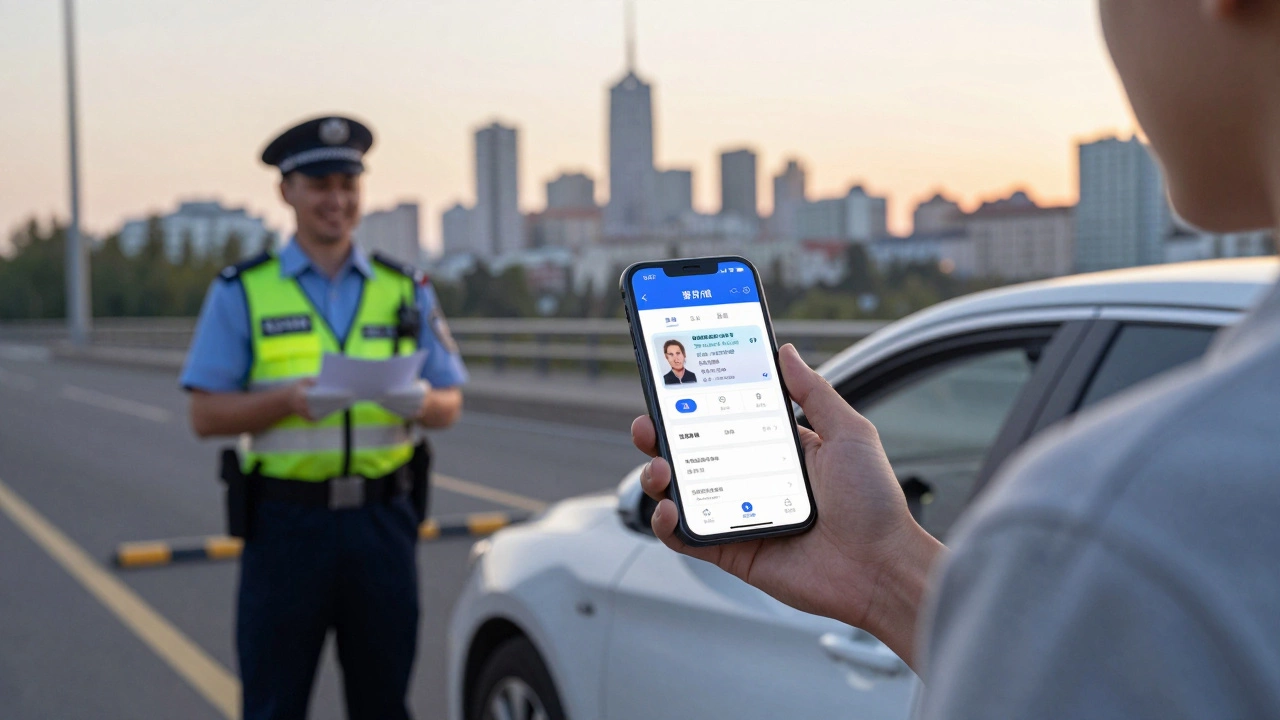 Человек показывает цифровое водительское удостоверение на телефоне инспектору у машины на закате.