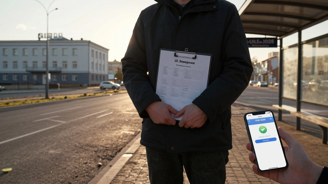 Человек у медицинского центра с справкой, на фоне здания ГИБДД и смартфоном с приложением ПДД.