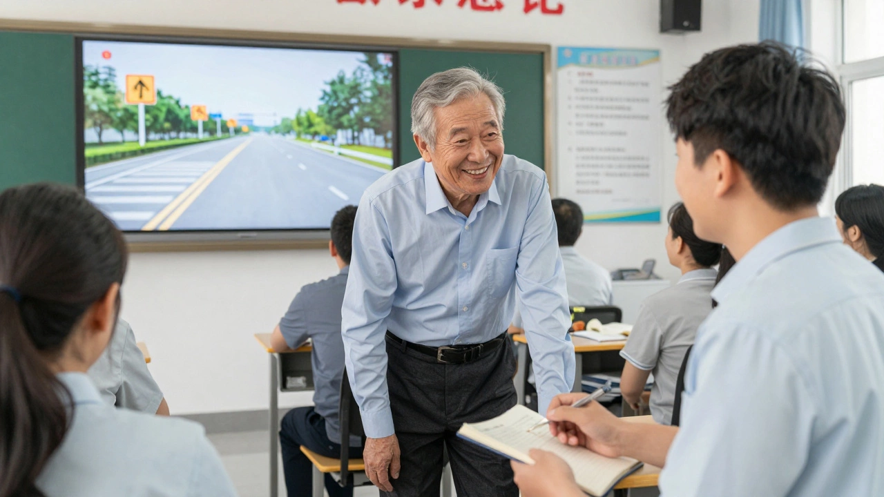 Инструктор и ученик старшего возраста изучают дорожные знаки в классе автошколы.