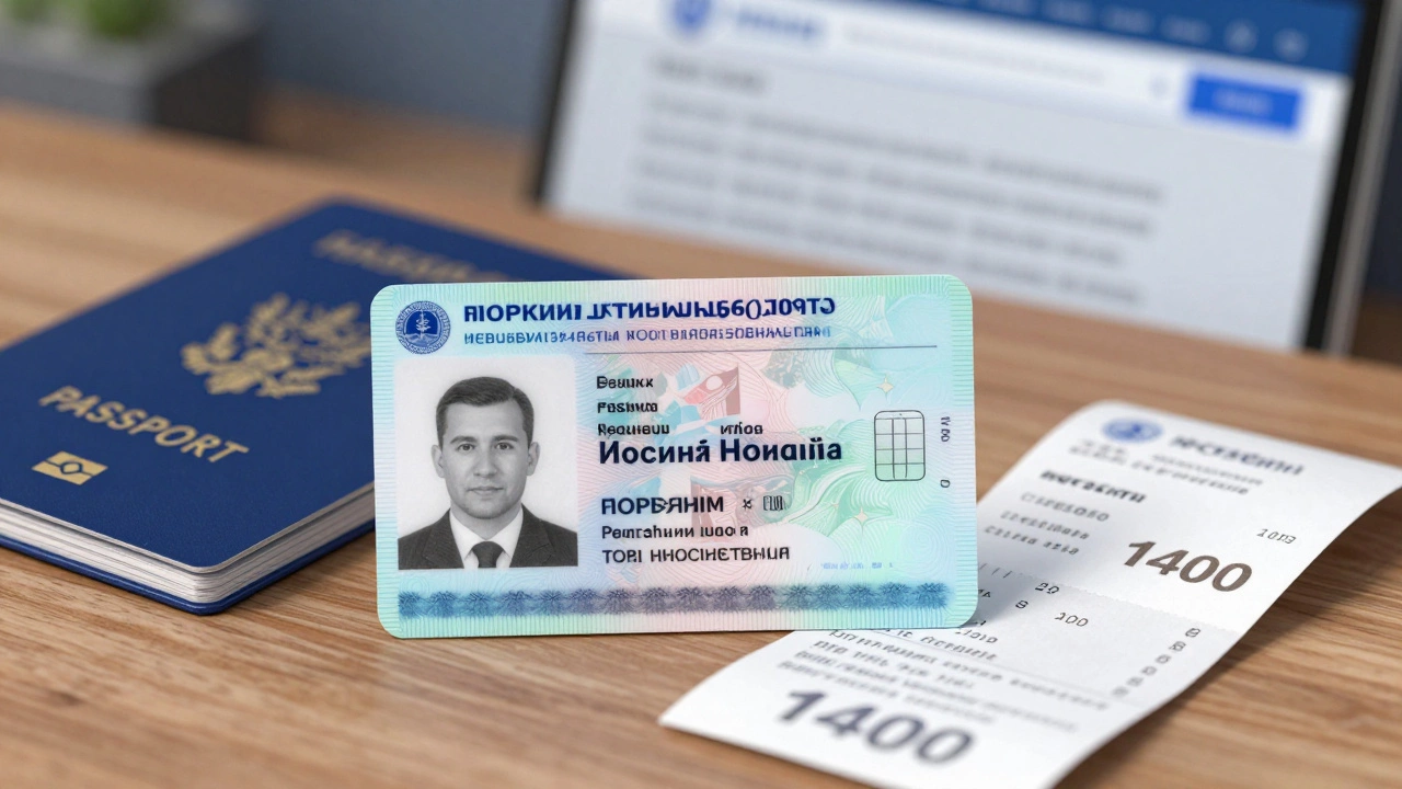 Новое водительское удостоверение с чипом и старое синее удостоверение рядом с паспортом и квитанцией об оплате.