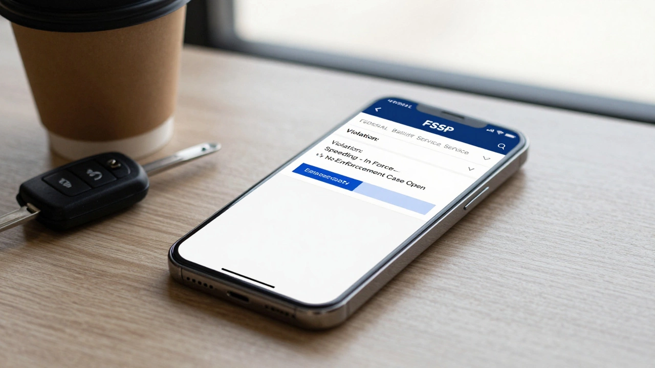 Смартфон с сайтом ФССП, показывающим отсутствие исполнительного производства по штрафу