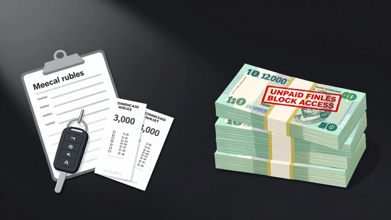 Весы с водительскими правами и штрафами против кучи денег — символ стоимости восстановления прав.