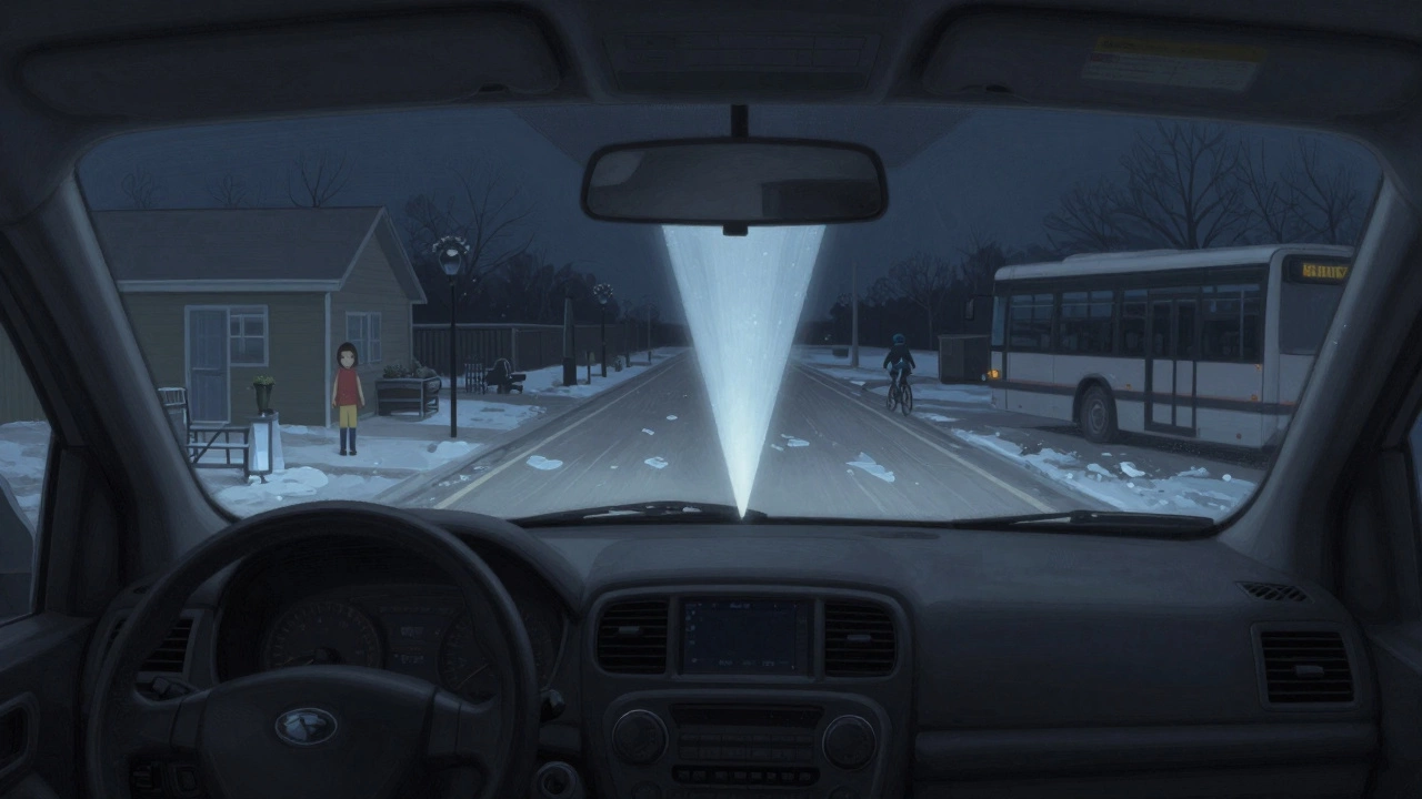 Вид через лобовое стекло: водитель видит скрытые опасности за 15 секунд впереди, ночь, холодные тона.