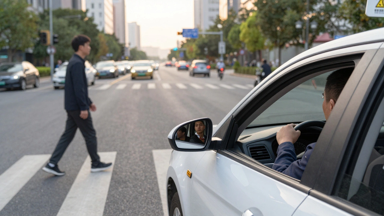 Водитель останавливается перед пешеходом на переходе без светофора, городской фон и спокойная уверенность.