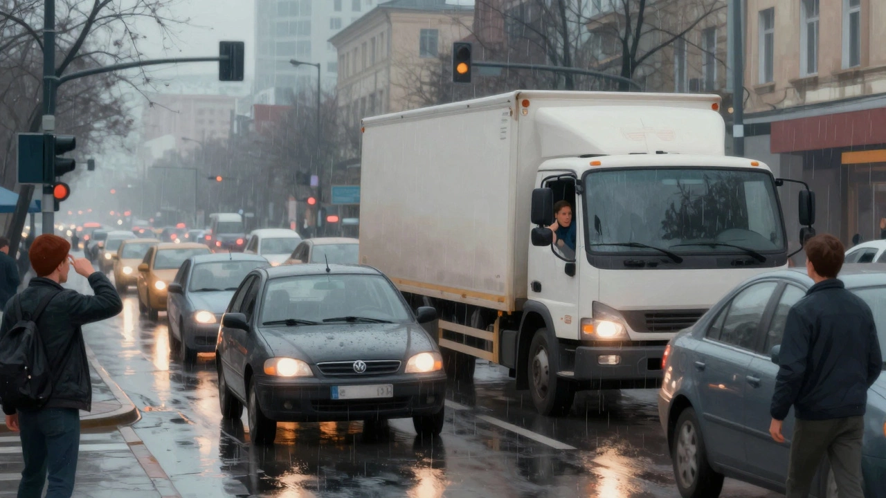 Водитель уступает грузовику на перекрестке в Воронеже, другие водители злятся, дождь, вечер.